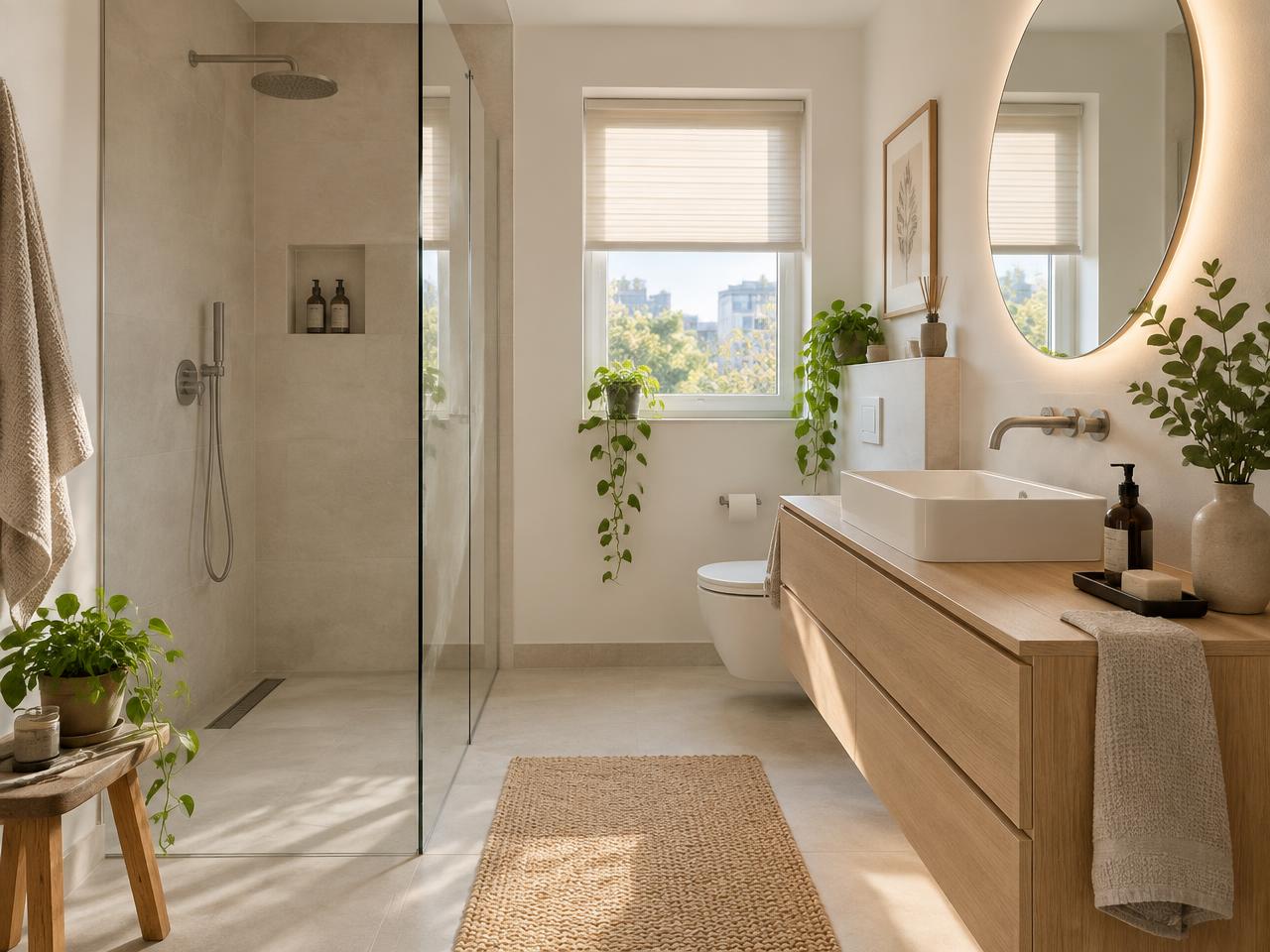 Helles modernes Badezimmer mit bodengleicher Dusche, Eichenmöbel und Pflanzen