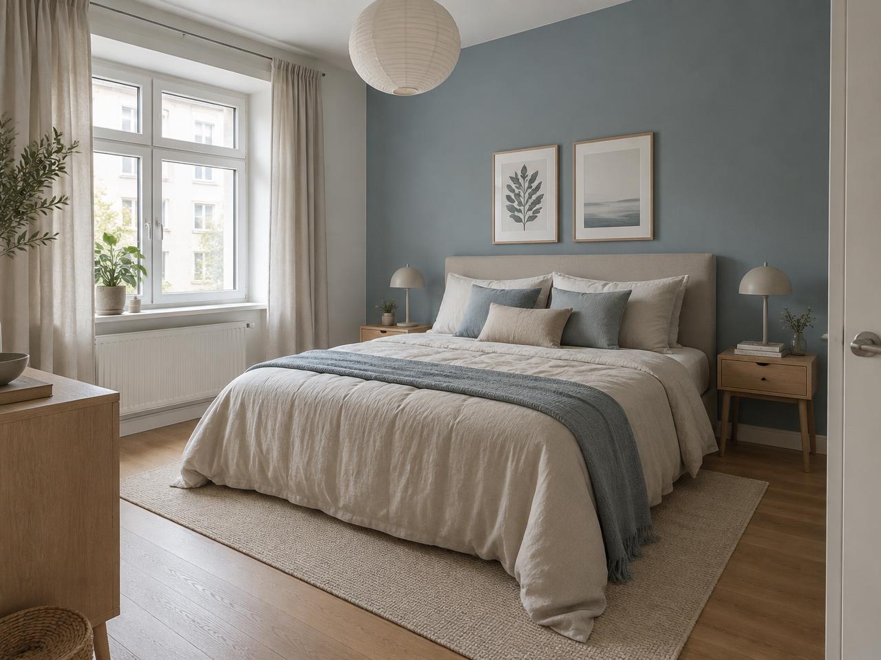 Ruhiges modernes Schlafzimmer in Beige- und gedeckten Blautönen