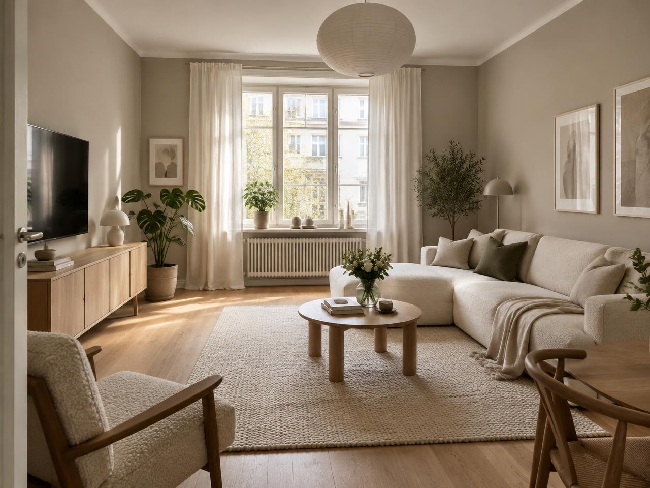 Helles renoviertes Wohnzimmer in Taupe- und Greige-Tönen mit Eichenboden